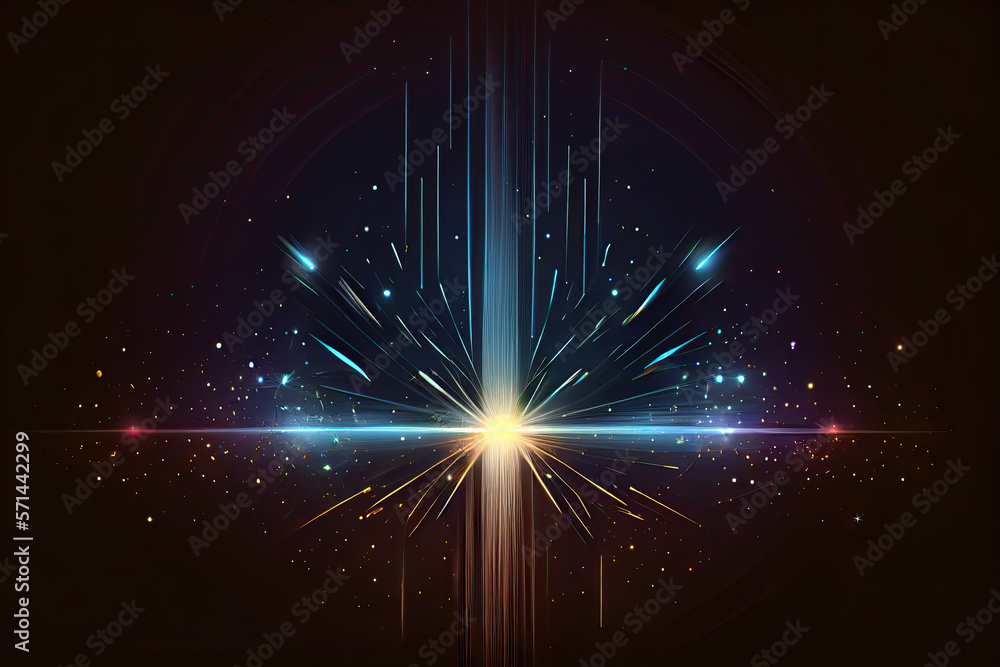 Naklejka premium Glittering cosmic rays form mysterious bright streaks on a black background.