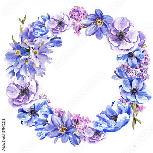 Beautiful round frame of spring flowers on a white background. watercolor illustration