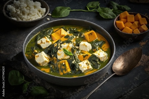 Palak Paneer, a vegetarian appetizer. Indian food, a spinach and soft cheese curry dish, on a concrete background. Generative AI