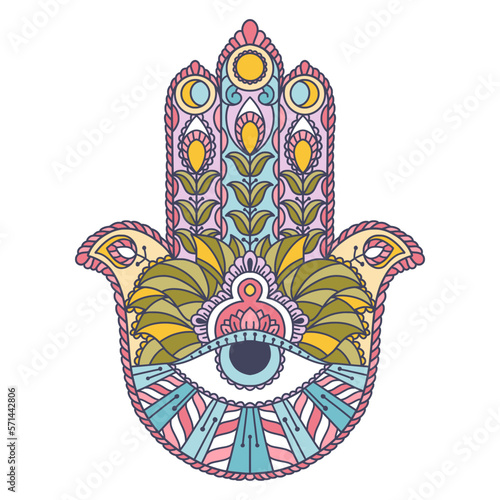 Fatima Hand colored Indian symbol. Khamsa, sacred eastern sign, good luck charm. Hamsa with all seeing eye. Vintage boho style.Vector illustration
