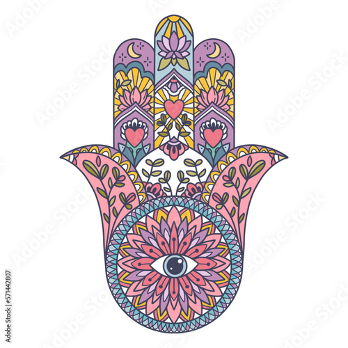 Fatima Hand colored Indian symbol. Khamsa, sacred eastern sign, good luck charm. Hamsa with all seeing eye. Vintage boho style.Vector illustration