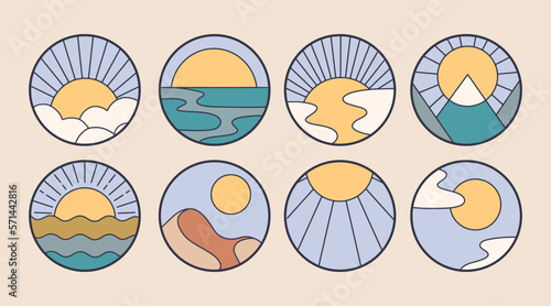 Abstract design nature landscape logo template with mountains, sun and water, window view. Modern bohemian minimal linear badge, emblem set for social media, rentals, travel services.