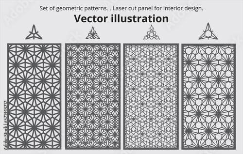 Set of decorative panels for laser cutting. Laser cut panel for interior design. Set of geometric patterns. Vector illustration