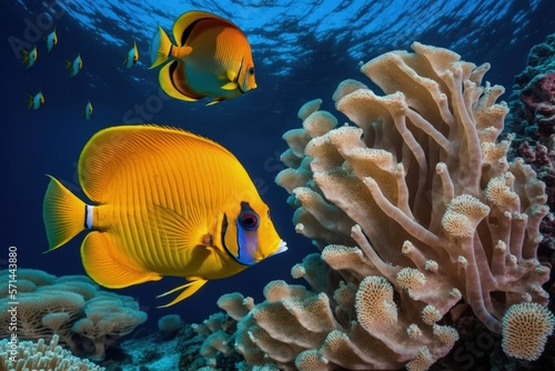 Tropical reef and masked butterfly fish in the Red Sea. Generative AI
