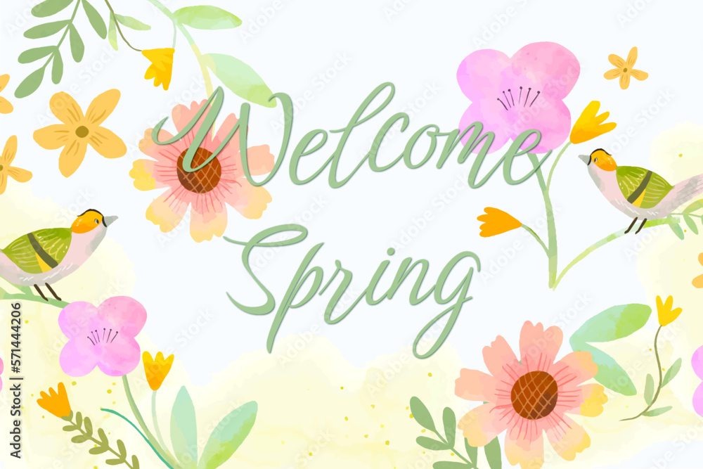 Happy Spring. Welcome spring background with floral blossom. Vector Illustration.
