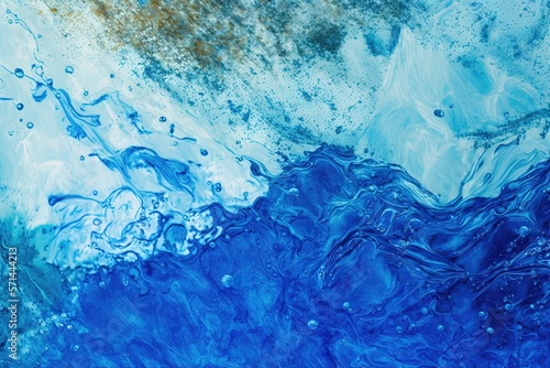 Surface of transparent, deep blue, clear water with waves and splashes. Water waves on an abstract summer banner's background with copy space, top view emulsion micellar toner for cosmetics