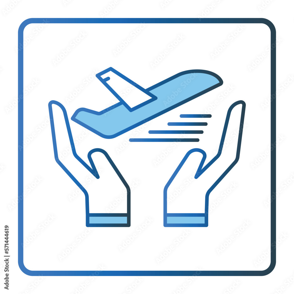 Safe travel icon illustration. Hand icon with Airplane. icon related to transportation, tourism, travel. Lineal color icon style, two tone icon. Simple vector design editable
