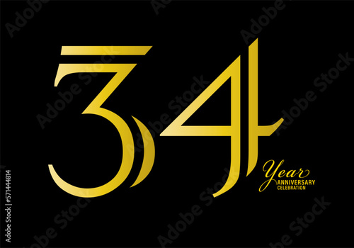 34 years anniversary celebration logotype gold color vector, 34th birthday logo,34 number, anniversary year banner, anniversary design elements for invitation card and poster. number design vector