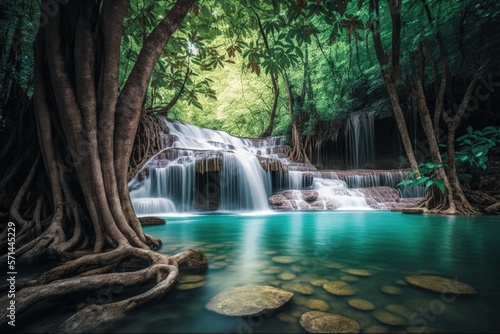 Thailand's deep forest waterfall (Erawan Waterfall). Generative AI