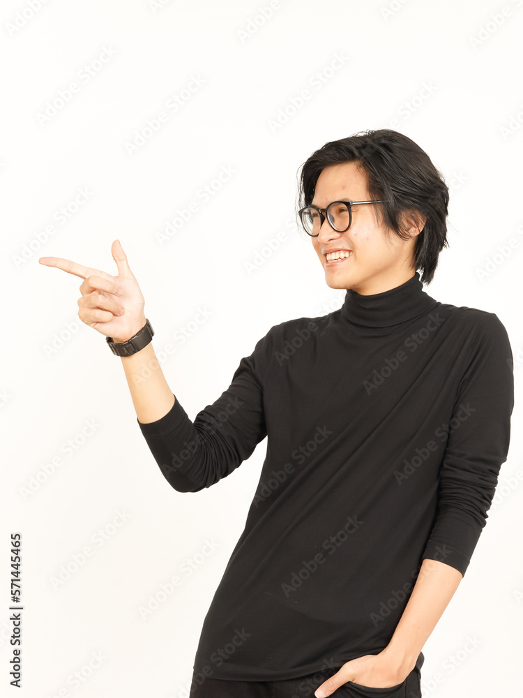 Showing Product and Pointing Side using forefinger Of Handsome Asian Man Isolated On White Showing Product and Pointing Side using forefinger Of Handsome Asian Man Isolated On White