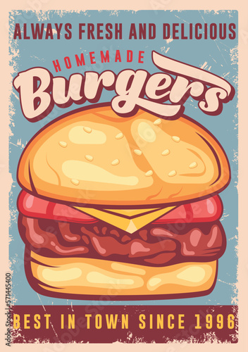Burger advertisement for fast food restaurant Food sign vintage template