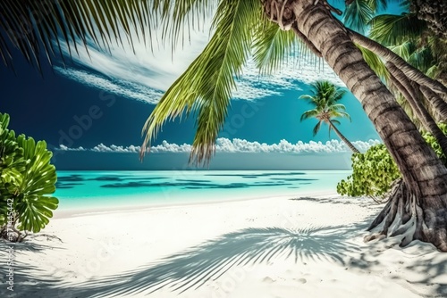 beach on a Maldives island. White sand beaches and palm trees can be found in a tropical summer landscape. travel destination for the affluent. exotic beachfront setting. amazing nature  unwind  and f