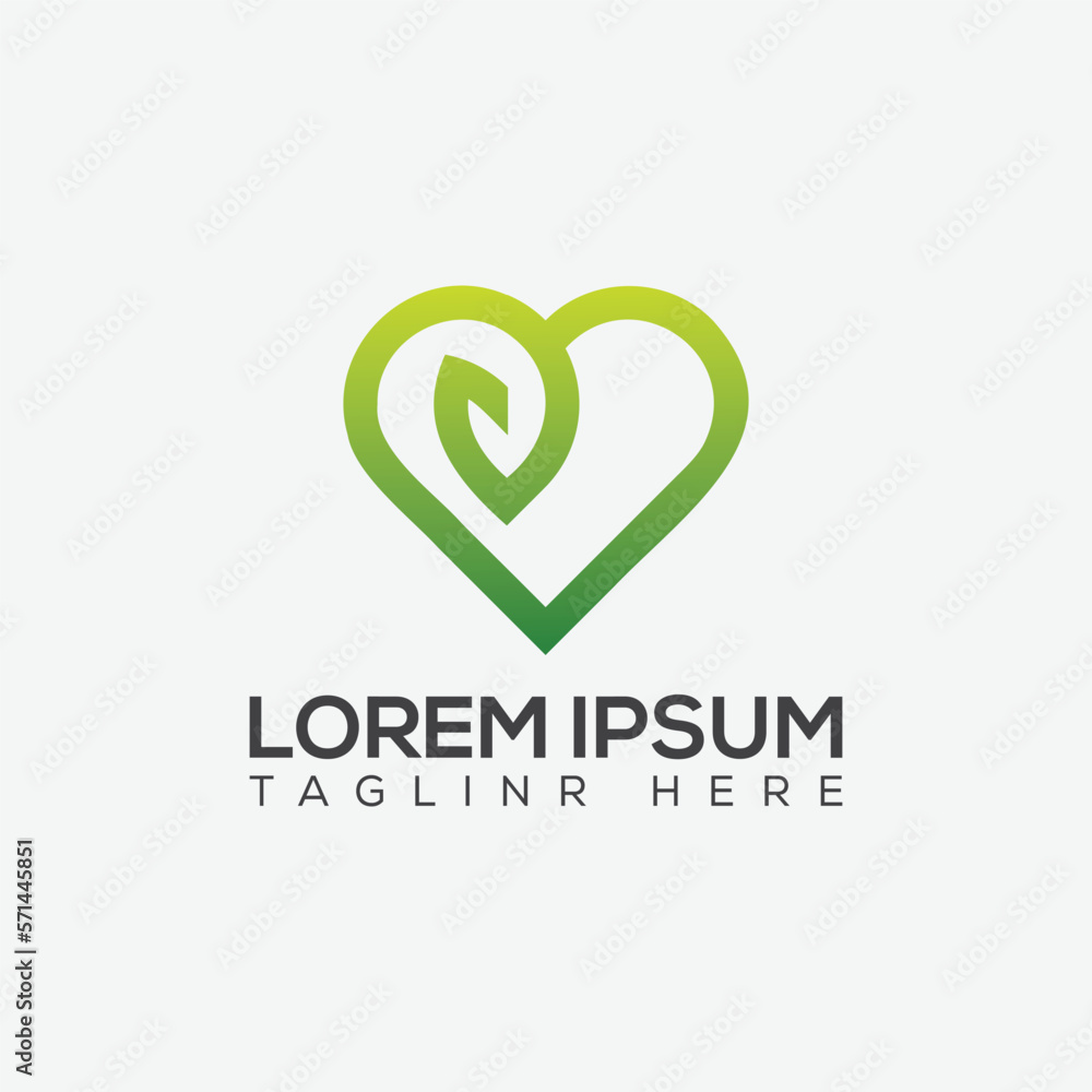 Green Leaf in Love Sign Logo Design Green Leaf in Love Sign Logo Design