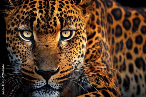 This image shows the leopard up close ( panther, Panthera pardus). Generative AI