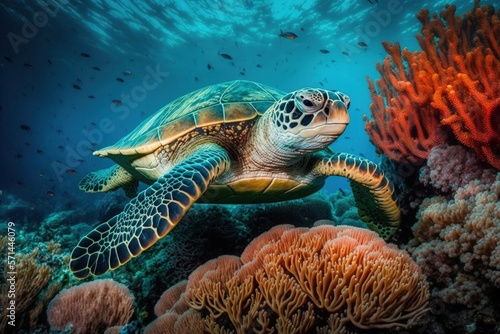 In coral reefs  a hawksbill sea turtle is swimming. Indonesian island of Bali s underwater world. Generative AI