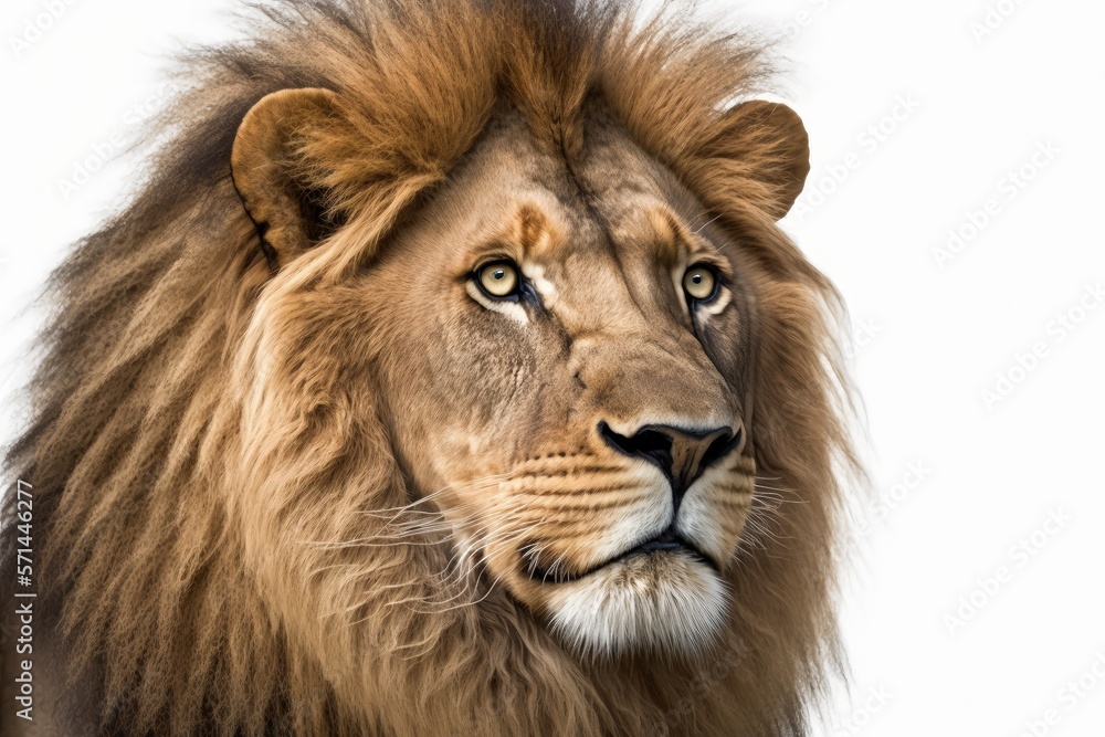 8 year old Panthera leo lion in closeup on a white background. Generative AI