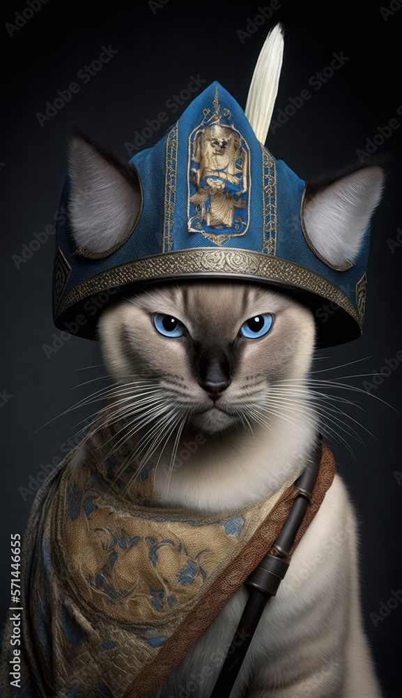 Obraz premium Majestic Animal Tonkinese Shogun in Samurai Armor: A Depiction of Japanese Culture, Armor, Feudal Japan, Bushido, Warrior, Castle, Shogun, Feudal Lord, Ronin (generative AI)