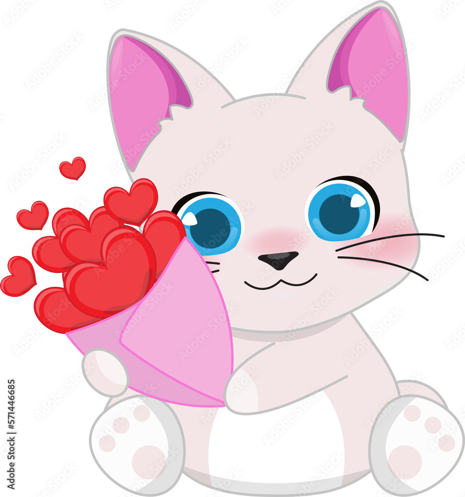 Happy Valentine s day with cute cartoon little Valentine cat in love holding heart flower bunch cartoon character PNG Happy Valentine s day with cute cartoon little Valentine cat in love holding heart flower bunch cartoon character PNG