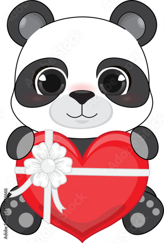 Fototapeta Naklejka Na Ścianę i Meble -  Happy Valentine s day with cute cartoon little Valentine panda in love holding heart cartoon character PNG