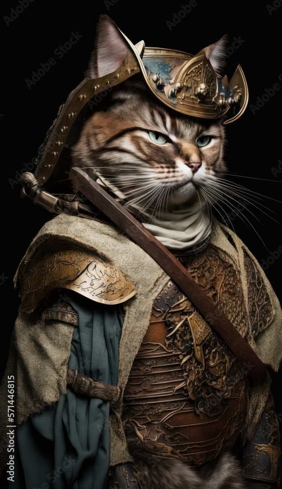 Majestic Animal Wild cat Shogun in Samurai Armor: A Depiction of Japanese Culture, Armor, Feudal Japan, Bushido, Warrior, Castle, Shogun, Feudal Lord, Ronin (generative AI)
