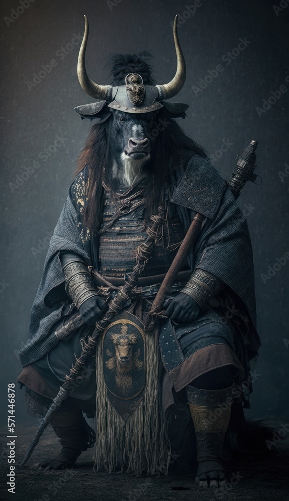 Majestic Animal Yak Shogun in Samurai Armor: A Depiction of Japanese Culture, Armor, Feudal Japan, Bushido, Warrior, Castle, Shogun, Feudal Lord, Ronin (generative AI)