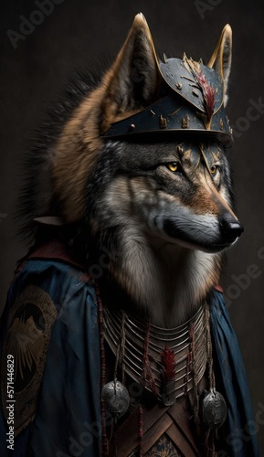 Majestic Animal Wolf Shogun in Samurai Armor: A Depiction of Japanese Culture, Armor, Feudal Japan, Bushido, Warrior, Castle, Shogun, Feudal Lord, Ronin (generative AI)