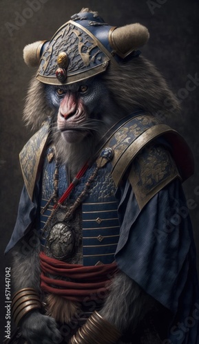 Majestic Animal Baboon Shogun in Samurai Armor: A Depiction of Japanese Culture, Armor, Feudal Japan, Bushido, Warrior, Castle, Shogun, Feudal Lord, Ronin (generative AI)