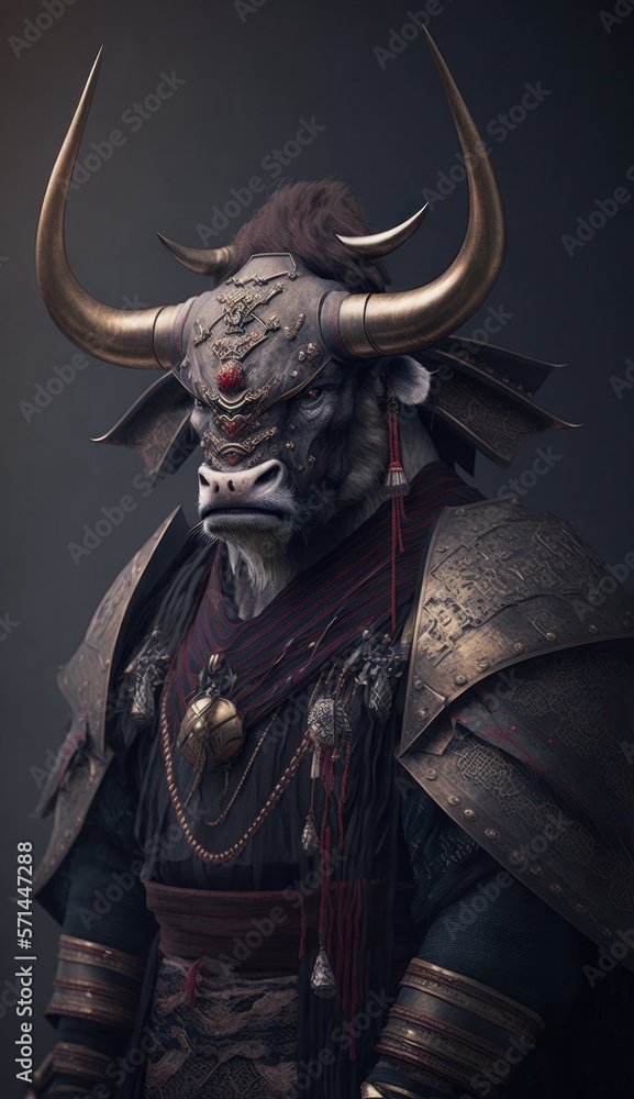 Naklejka premium Majestic Animal Bull Shogun in Samurai Armor: A Depiction of Japanese Culture, Armor, Feudal Japan, Bushido, Warrior, Castle, Shogun, Feudal Lord, Ronin (generative AI)