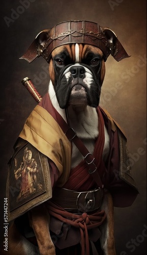 Majestic Animal Boxer Shogun in Samurai Armor: A Depiction of Japanese Culture, Armor, Feudal Japan, Bushido, Warrior, Castle, Shogun, Feudal Lord, Ronin (generative AI)
