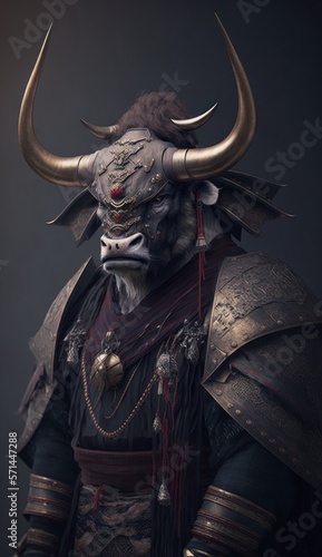 Majestic Animal Bull Shogun in Samurai Armor: A Depiction of Japanese Culture, Armor, Feudal Japan, Bushido, Warrior, Castle, Shogun, Feudal Lord, Ronin (generative AI)