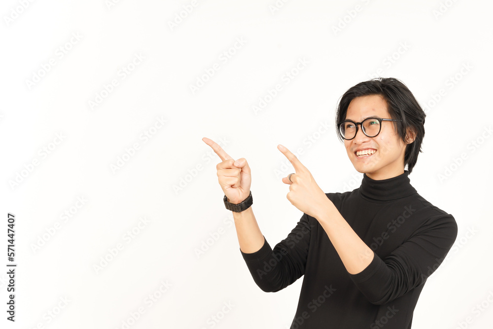 Showing Product and Pointing Side using forefinger Of Handsome Asian Man Isolated On White Showing Product and Pointing Side using forefinger Of Handsome Asian Man Isolated On White