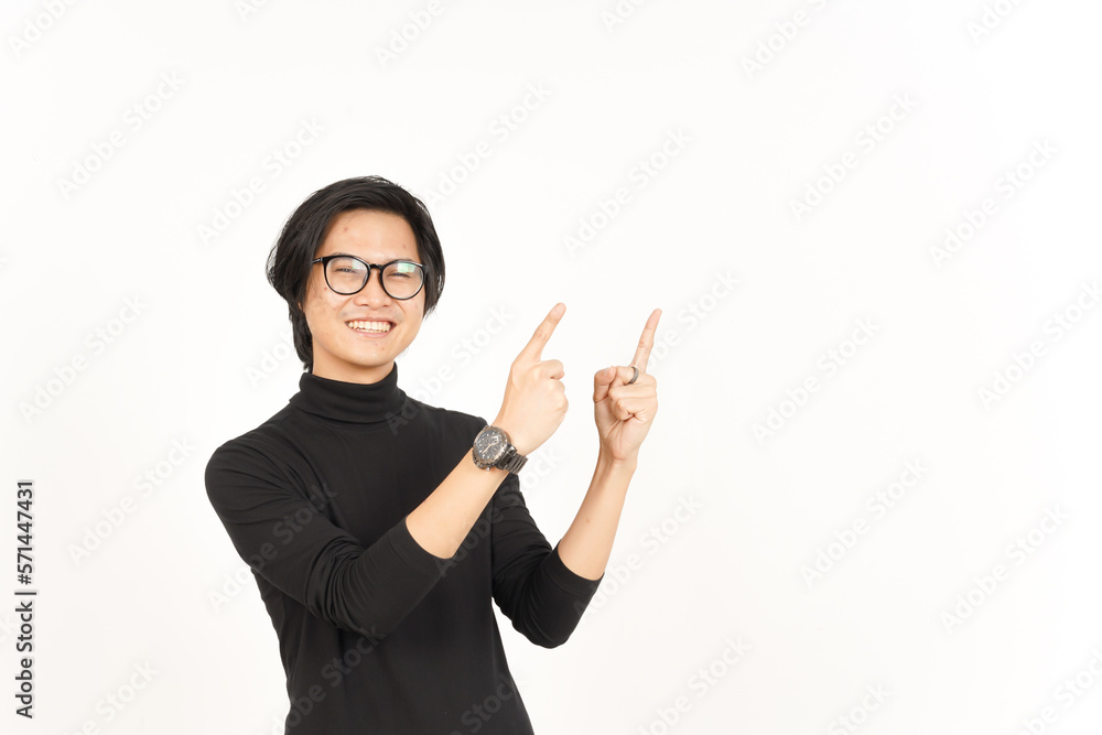 Showing Product and Pointing Side using forefinger Of Handsome Asian Man Isolated On White Showing Product and Pointing Side using forefinger Of Handsome Asian Man Isolated On White