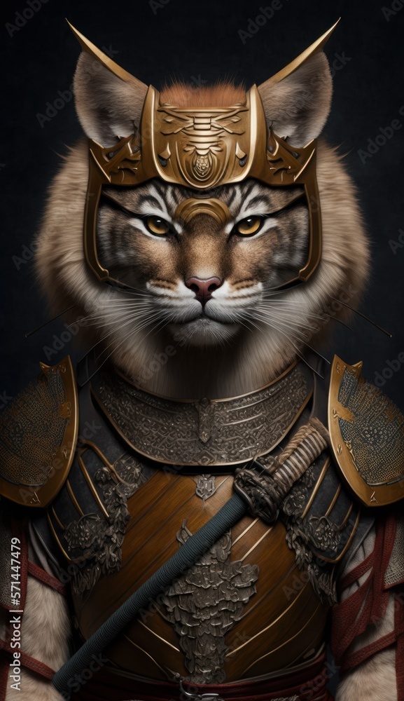 Majestic Animal cougar Shogun in Samurai Armor: A Depiction of Japanese Culture, Armor, Feudal Japan, Bushido, Warrior, Castle, Shogun, Feudal Lord, Ronin (generative AI)