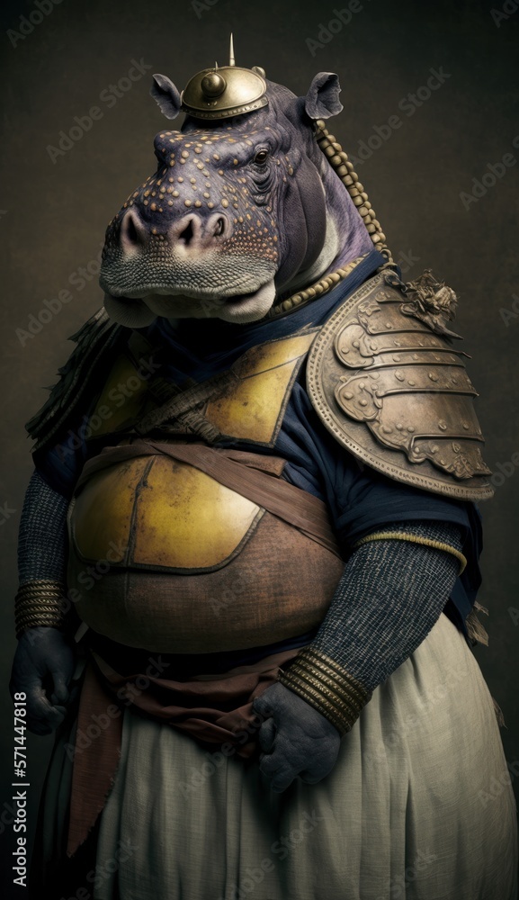Majestic Animal Hippopotamus Shogun in Samurai Armor: A Depiction of Japanese Culture, Armor, Feudal Japan, Bushido, Warrior, Castle, Shogun, Feudal Lord, Ronin (generative AI)