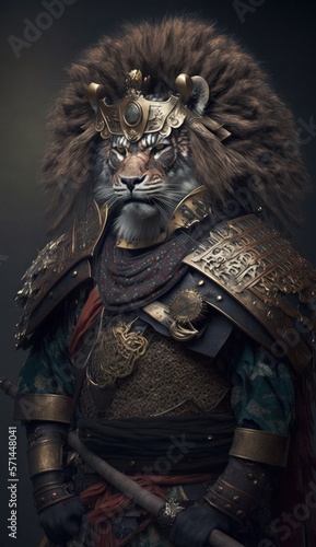 Majestic Animal Lion Shogun in Samurai Armor: A Depiction of Japanese Culture, Armor, Feudal Japan, Bushido, Warrior, Castle, Shogun, Feudal Lord, Ronin (generative AI)
