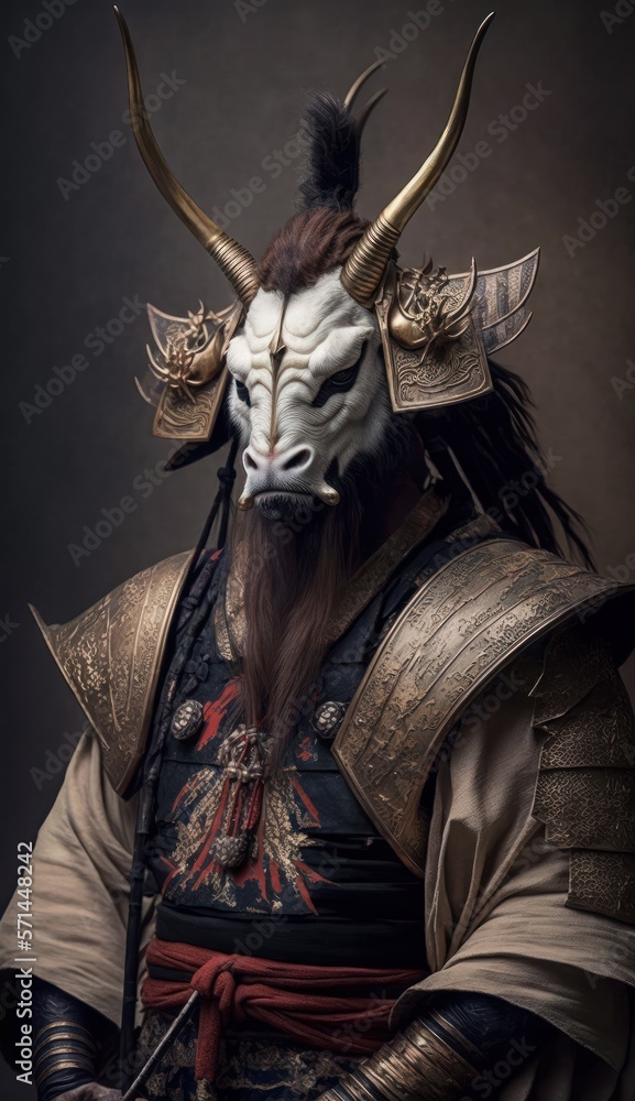 Majestic Animal Oryx Shogun in Samurai Armor: A Depiction of Japanese Culture, Armor, Feudal Japan, Bushido, Warrior, Castle, Shogun, Feudal Lord, Ronin (generative AI)
