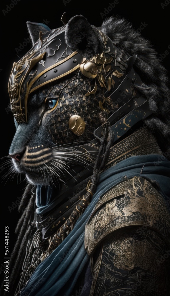 Fototapeta premium Majestic Animal Panther Shogun in Samurai Armor: A Depiction of Japanese Culture, Armor, Feudal Japan, Bushido, Warrior, Castle, Shogun, Feudal Lord, Ronin (generative AI)