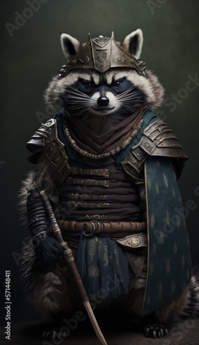 Majestic Animal Raccoon Shogun in Samurai Armor: A Depiction of Japanese Culture, Armor, Feudal Japan, Bushido, Warrior, Castle, Shogun, Feudal Lord, Ronin (generative AI)