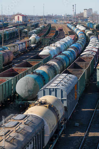 Freight trains on the marshalling yard of St. Petersburg-Sortirovochny station on April afternoon