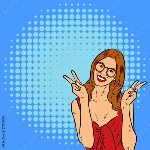 Joyful Beauty: Vector Pin Up Art of Happy Woman with Polkadot Background