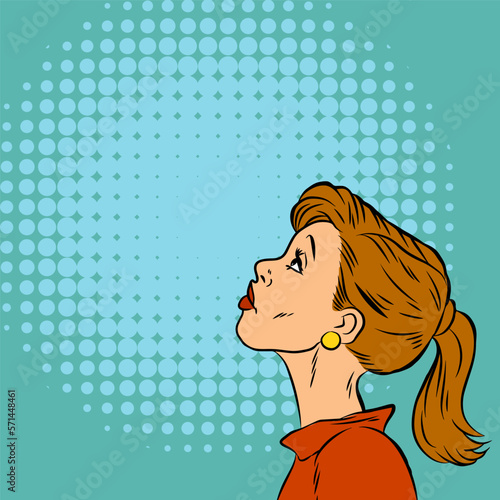 Melancholy Beauty: Vector Pin Up Art of Woman Looking Up with Sad Expression and Polkadot Background