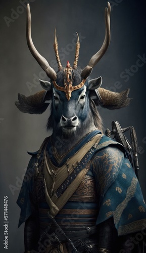 Majestic Animal Reindeer Shogun in Samurai Armor: A Depiction of Japanese Culture, Armor, Feudal Japan, Bushido, Warrior, Castle, Shogun, Feudal Lord, Ronin (generative AI)