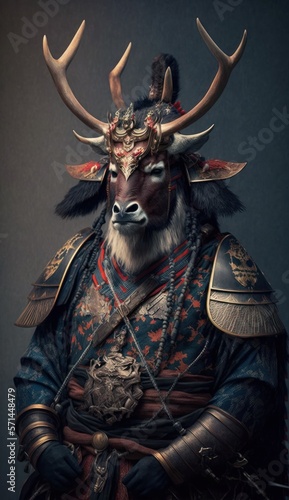 Majestic Animal Reindeer Shogun in Samurai Armor: A Depiction of Japanese Culture, Armor, Feudal Japan, Bushido, Warrior, Castle, Shogun, Feudal Lord, Ronin (generative AI)