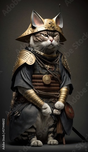 Majestic Animal Singapura Shogun in Samurai Armor: A Depiction of Japanese Culture, Armor, Feudal Japan, Bushido, Warrior, Castle, Shogun, Feudal Lord, Ronin (generative AI)