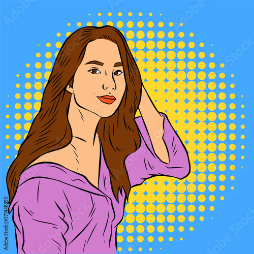 Dreamy Beauty: Vector Pin Up Art of Woman Gazing Softly with Gentle Hair Touch and Polkadot Background