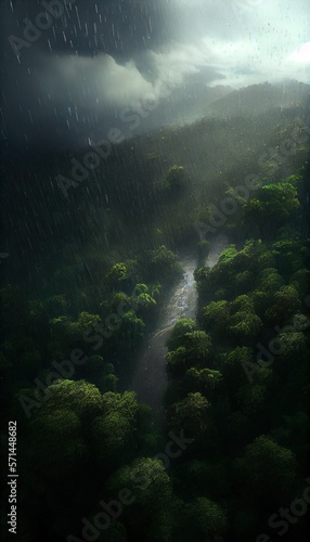 Aerial view of rain over the forest. Generative art