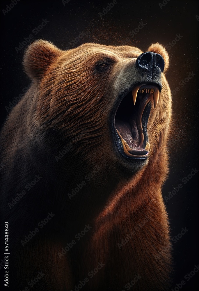 Obraz premium Majestic brown bear roars. Photorealistic generative art