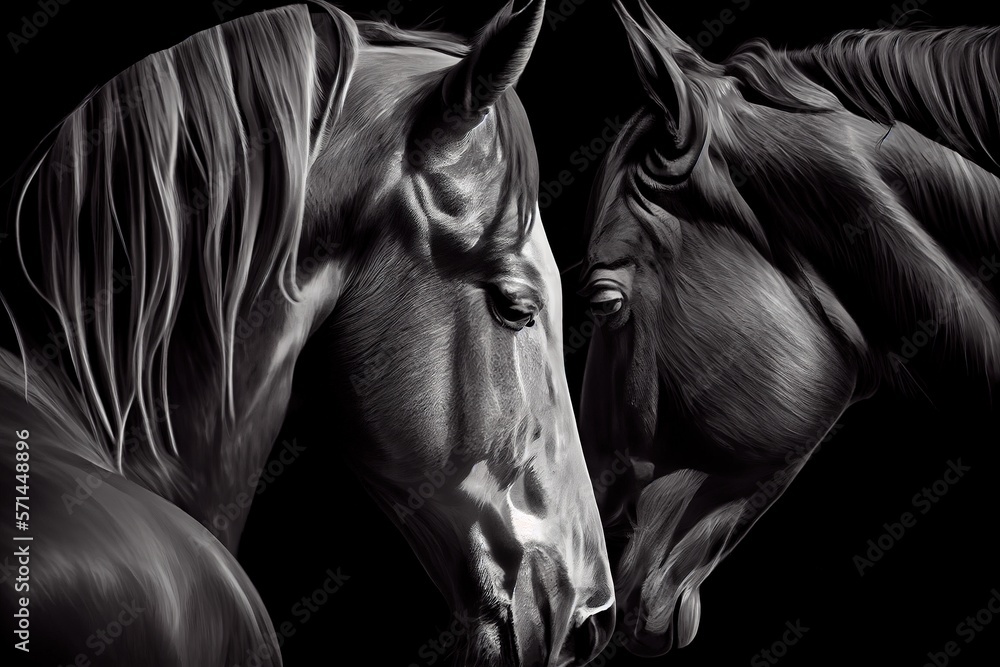 Black horse and white horse touching touching each other with head ...