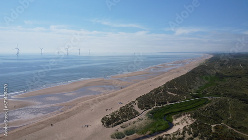 Off shore wind farm, beach view East coast of Scotland