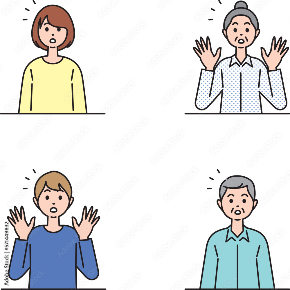 驚きの表情の老若男女(Men and women of all ages with expressions of amazement) 驚きの表情の老若男女(Men and women of all ages with expressions of amazement)